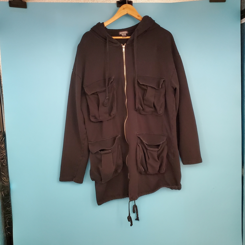 H&M Divided Jacket Size Large Black Hooded Zip Front Utility Jacket